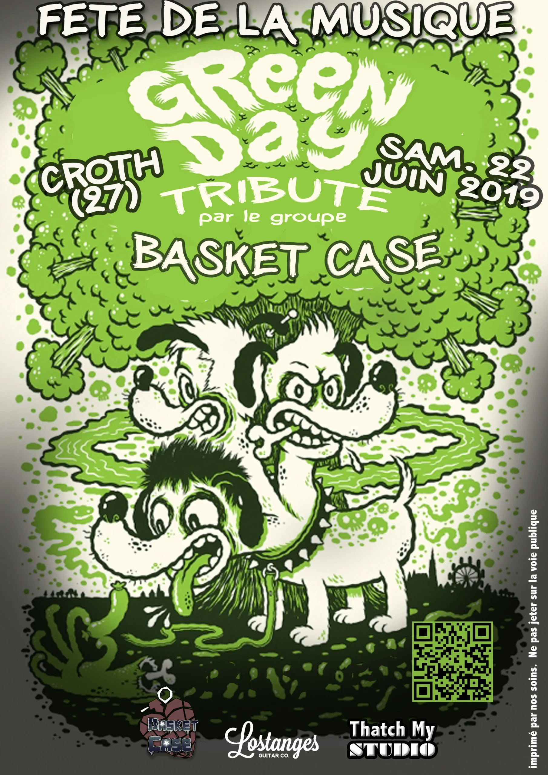 Affiche du concert de Basket Case, groupe tribute de Green Day, à la Fête de la Musique à Croth (27). Le concert aura lieu le samedi 22 juin 2019. L'affiche présente une illustration de chiens stylisés avec un fond vert vibrant, incluant le logo de Basket Case. Les logos des sponsors Lostanges Guitar Co. et Thatch My Studio sont également visibles.