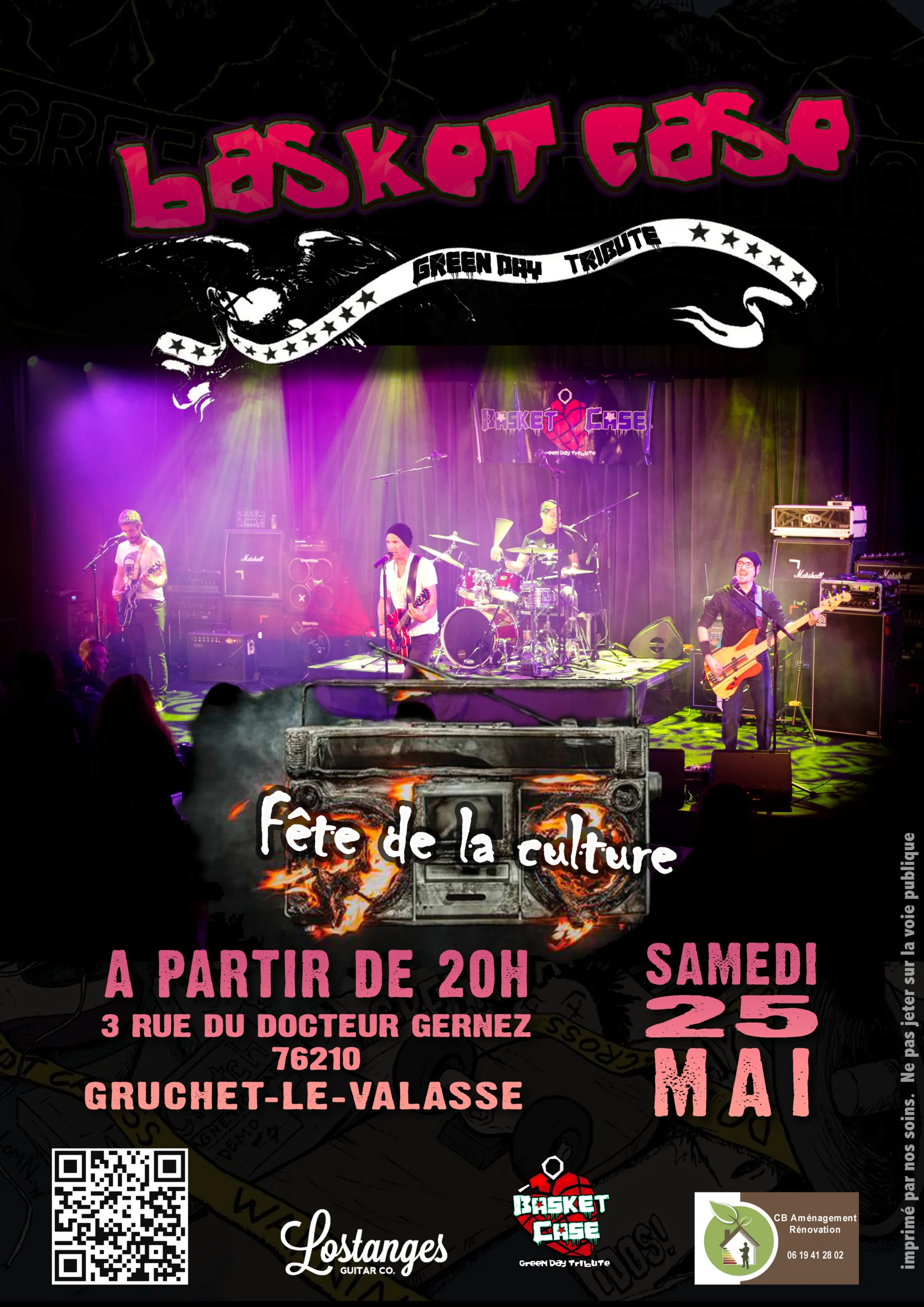 Affiche du concert de Basket Case, groupe tribute de Green Day, à la Fête de la Culture à Gruchet-le-Valasse. Le concert aura lieu le samedi 25 mai à partir de 20h, au 3 Rue du Docteur Gernez, 76210 Gruchet-le-Valasse. L'affiche présente une photo du groupe en performance sur scène avec des lumières colorées et le logo de Basket Case. Les logos des sponsors Lostanges Guitar Co. et CB Aménagement Rénovation sont également visibles.