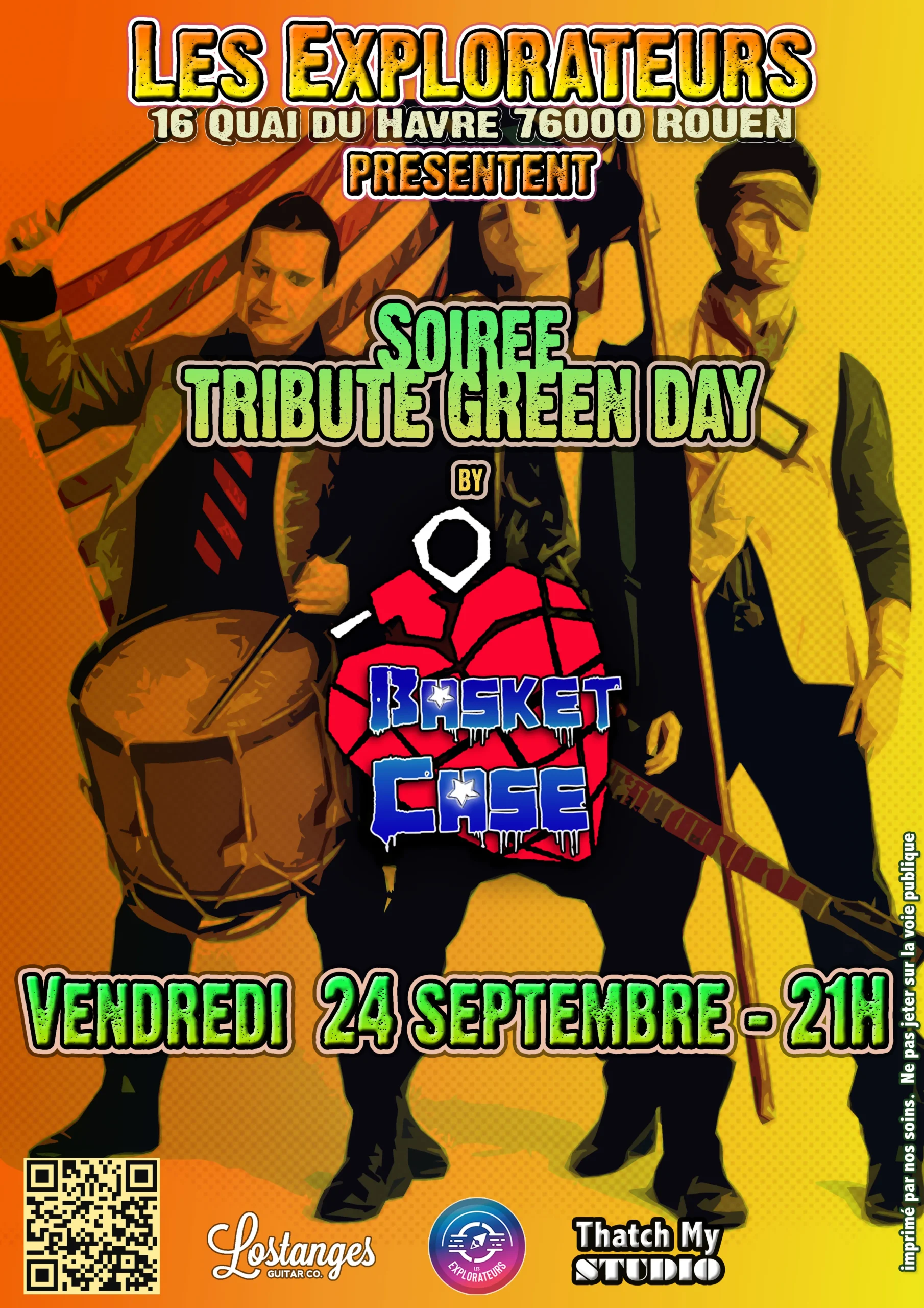Affiche du concert de Basket Case, groupe tribute de Green Day, aux Explorateurs à Rouen. Le concert aura lieu le vendredi 24 septembre à partir de 21h, au 16 Quai du Havre, 76000 Rouen. L'affiche présente une illustration de personnes avec un fond orange vibrant et le logo de Basket Case. Les logos des sponsors Lostanges Guitar Co. et Thatch My Studio sont également visibles.