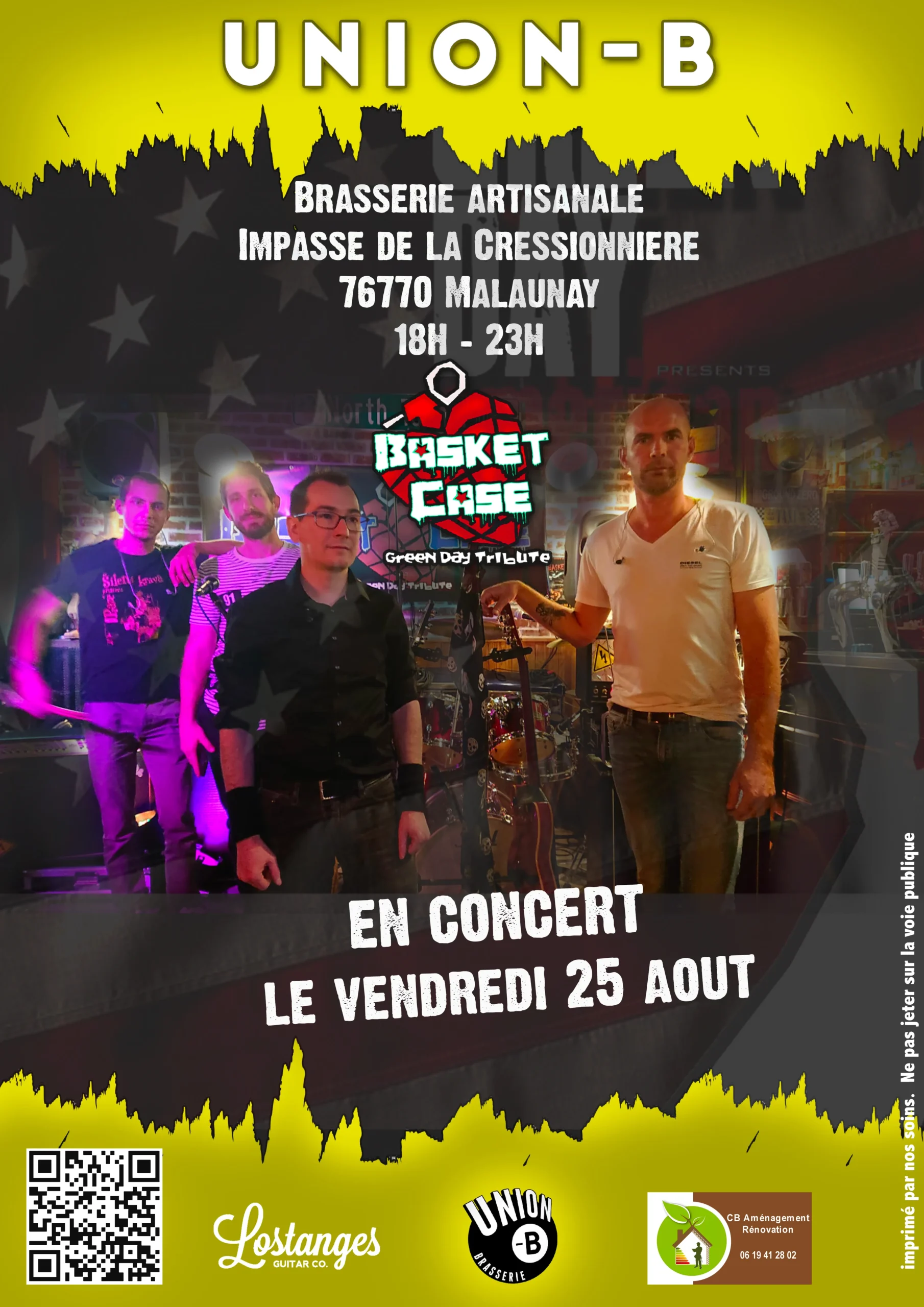 Affiche du concert de Basket Case, groupe tribute de Green Day, à la Brasserie Union-B à Malaunay. Le concert aura lieu le vendredi 25 août de 18h à 23h, à l'adresse Impasse de la Cressionnière, 76770 Malaunay. L'affiche présente le groupe en avant-plan avec des effets de lumière violette, entourés des logos de Basket Case, Lostanges Guitar Co., Union-B Brasserie, et CB Aménagement Rénovation.