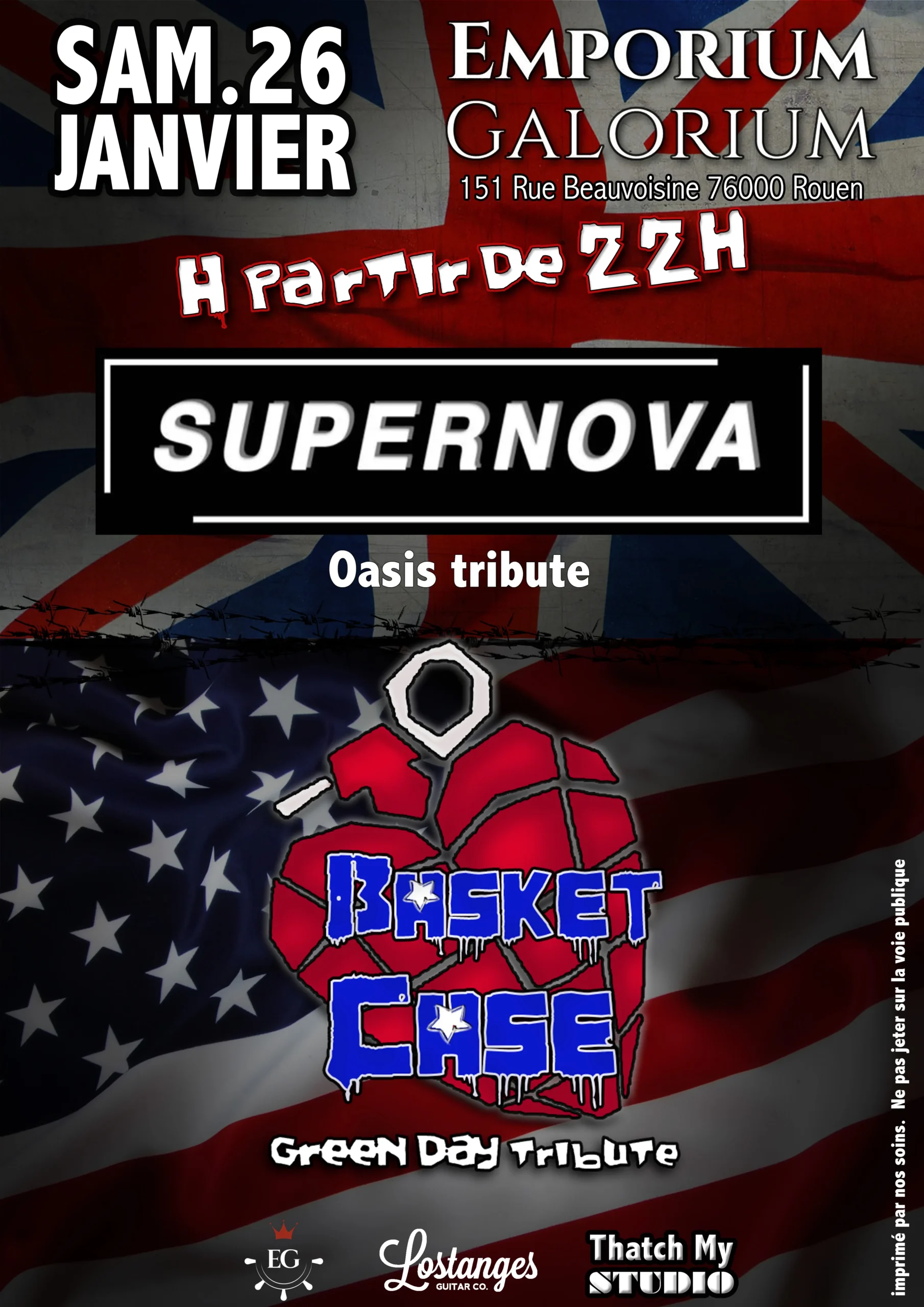 Affiche du concert de Basket Case, groupe tribute de Green Day, à l'Emporium Galorium à Rouen. Le concert aura lieu le samedi 26 janvier à partir de 22h, au 151 Rue Beauvoisine, 76000 Rouen. L'affiche présente les logos de Basket Case et de Supernova (Oasis tribute) sur un fond de drapeaux britannique et américain. Les logos des sponsors Lostanges Guitar Co. et Thatch My Studio sont également visibles.