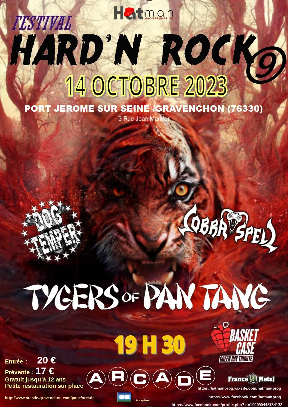 Affiche du concert de Basket Case, groupe tribute de Green Day, au Festival Hard'n Rock 9 à Port-Jérôme-sur-Seine/Gravenchon. Le festival aura lieu le samedi 14 octobre 2023 à partir de 19h30, au 3 Rue Jean Maridor, 76330 Gravenchon. L'affiche présente une image d'un tigre en colère avec des logos des groupes participants, y compris Tygers of Pan Tang, Cobra Spell, Dog Temper, et Basket Case. Les logos des sponsors, y compris France Metal et Hitman Programmation, sont également visibles.